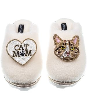 Laines London Teddy Closed Toe Slippers With Tabby Cat & Cat Mum Mom Brooches - Metallic