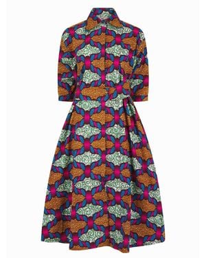 Ohema Ohene African Print Belted Midi Shirt Dress - Blue