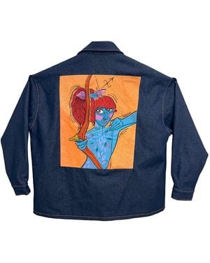 Zasta Studio Zodiac Sagittarius Denim Embroidered Coat Jacket - Blue