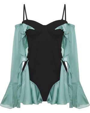 Pcfg The Party Edit Contrast Bodice Blouse With Draped Satin Sleeves - Green