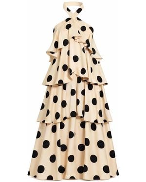 Mac Duggal Neutrals Tiered Ruffle Polka Dot Charmeuse Gown - Natural