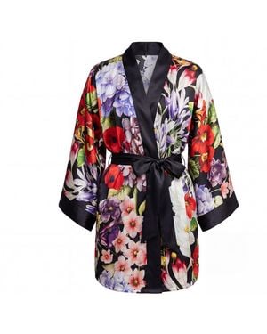 Vimissia Wild Bloom Short Silk Kimono Stile Robe - Blue