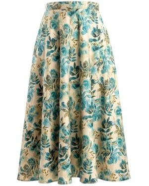 Stovaria Raw Silk & Cotton Blend Ankle Length A Line Skirt - Green