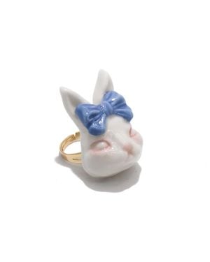H2 Studio Grumpy Bunny Bow Tie 14K Plated Brass Ring - Blue