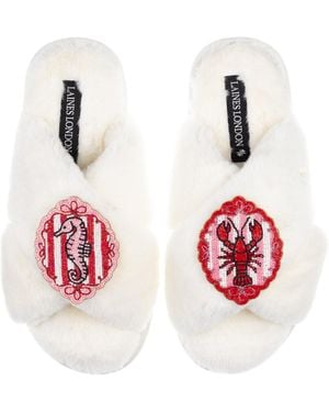 Laines London Neutrals Classic Laines Slippers With Stripe Seahorse & Lobster Brooches - Red