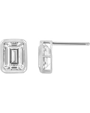 Diamonbliss Plated Emerald Cut Solitaire Stud Earrings With Swarovski, Three Carats - White