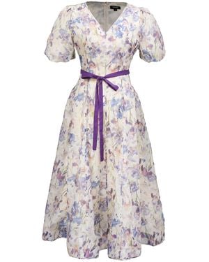Smart and Joy Neutrals Flower Print Fit-And-Flare Tea Organza Dress - Multicolour