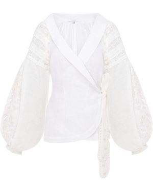 Annabo Roseveil Embroidered Linen Wrap Blouse – - White