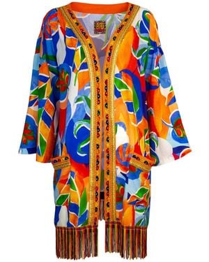 Lalipop Design Colourful Leaf Print Midi Kimono With Embroidery Borders - Blue