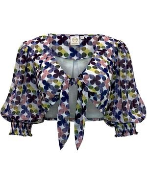 Why Mary Floral Print Tie Top With Puffed Sleeves - Blue