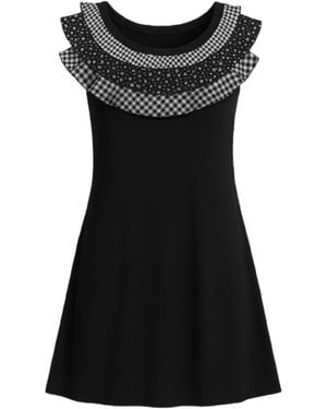 Conquista Sleeveless Dress With Layered Gingham & Polka Dot Ruffle Neckline - Black