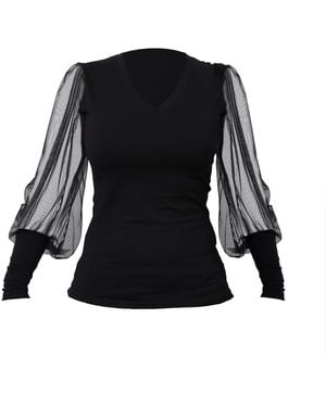 Metamorph V-Neck Casual Top With Tulle Sleeves - Black
