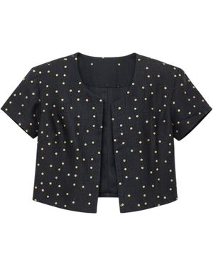 Stovaria Linen Cropped Coat With Pearl Hand Embroidery - Black