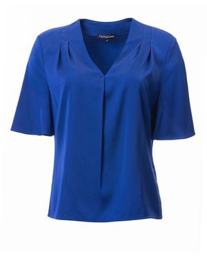 Carloslines V-Neck Pleat Detail Flutter Sleeve Blouse - Blue