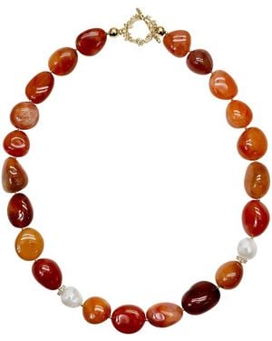 Farra Nugget Agate With Freshwater Pearls Choker - Red