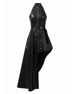 Kargede Leather Maxi Dress – Tailored, High Neck, Asymmetrical Hem - Black