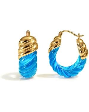 Gold & Honey Aquamarine Rope Shrimp Lucite Birthstone Hoop Earrings - Blue