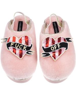 Laines London Flatform Cloud Slippers With & Stripe Fuck Off Heart Brooches - Pink