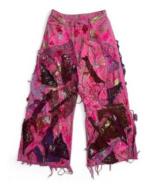 Zasta Studio Wearable Ruins Wide Leg Denim Pants Four - Red