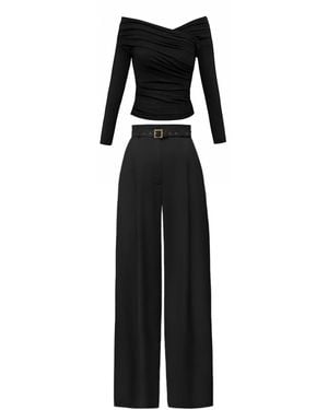 ALINA CERNĂTESCU Anuska Set Classic Two Piece Office & Cocktail Set With Draped Wool Blouse & Belted Trousers - Black
