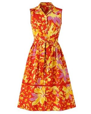 Conquista Button Detail Multicolored Print Dress - Orange