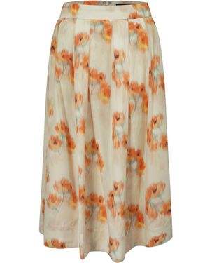Smart and Joy Flowy Mid-Length Skirt With Flowers - Metallic