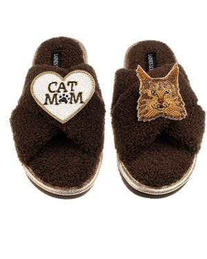 Laines London Neutrals Boucle Slippers With Cat Mum/Mom & Maine Coon Cat Brooches - Brown