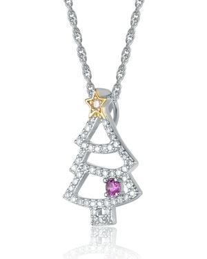 Genevive Jewelry Two-Tone With Ruby & Clear Cubic Zirconia Christmas Tree With Star Pendant Necklace - Metallic