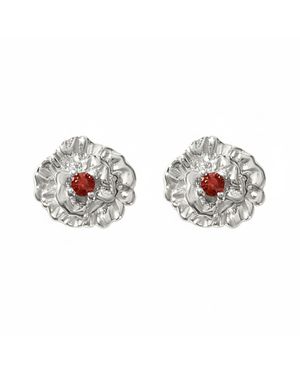 Sophelia Garnet January Birthstone Carnation Birthflower Sterling Stud Earrings - Metallic