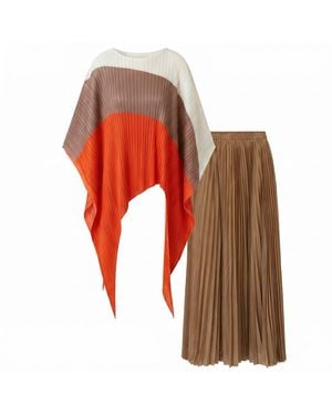 Cy Boutique Neutrals Colour Block Pleated Top And Skirt Co-Ords Suits - Orange