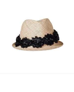 Misa Harada Millinery Neutrals Patti Straw Hat With Embroidery Flowers - Black