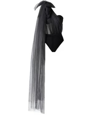 LIA ARAM Asymmetric Corset Bodysuit With Oversized Scarves - Black