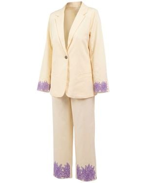 Celeste Mendis Neutrals Manel Blossom Embroidered Suit Set - Natural