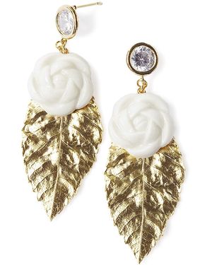 POPORCELAIN Porcelain Camellias & Golden Leaves Earrings - Metallic