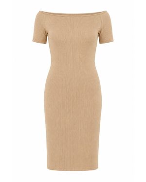 Conquista Bardot Ribbed Bodycon Dress - Natural
