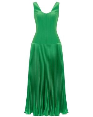 Exquise Pleated Belt Detail Midi Crepe Dress - Green