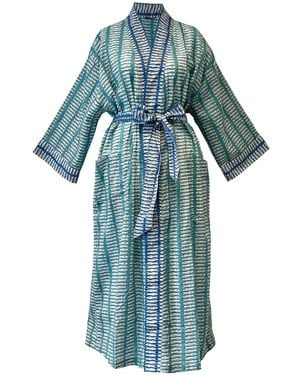 Lime Tree Design And Fish Cotton Full Length Resort Beach Cover Up - Blue
