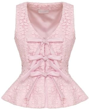 Georgette Blush Lace Bow Peplum Top - Pink