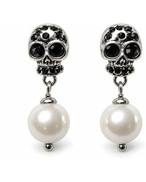 Jagged Halo Jewelry Memento Skull & Pearl Drop Earrings Stainless Steel Plated - Black