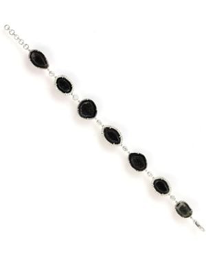 Artisan 14k White Gold In Uneven Geode With Pave Diamonds Luxurious Fixed & Flexible Bracelet - Black