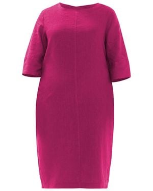 Haris Cotton Keyhole Neckline Curve Midi Linen Dress With Three Quarters Sleeves Pomegranate - Pink