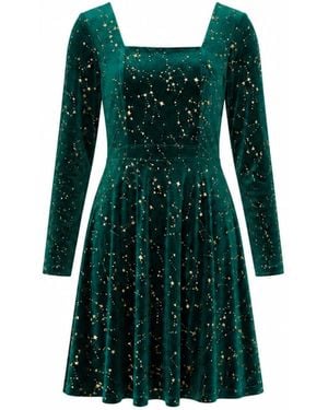 Yumi' Star Foil Print Long Sleeve Skater Dress - Green