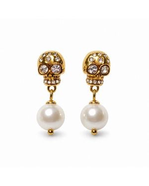 Jagged Halo Jewelry Memento Skull & Pearl Drop Earrings Stainless Steel Plated - Metallic