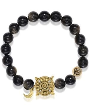Aurozia Three Charms Solar Meridian Plated Sundial And The Sun Coin Golden Obsidian Beaded Bracelet - Black