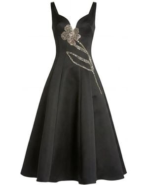 Mac Duggal Satin A-Line Midi Dress With Embellished Flower - Black