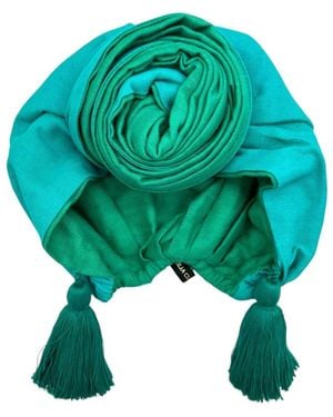 Julia Clancey Edith Jade & Azure Peacock Reversible Tassels Linen Turban - Green