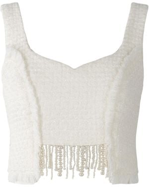 Solgo Atelier Tia Sleeveless Crop Top Shimmering Tweed Bouclé With Pearl Fringes - White