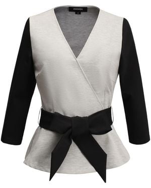 Smart and Joy Peplum Top With Cross-Heart Effect & Belt - Grey