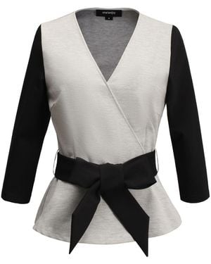 Smart and Joy Peplum Top With Cross-Heart Effect & Belt - Gray