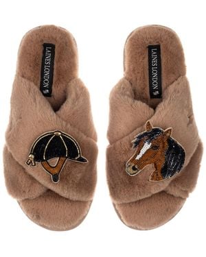 Laines London Faux Fur Cross-Strap Embellished Slippers - Brown
